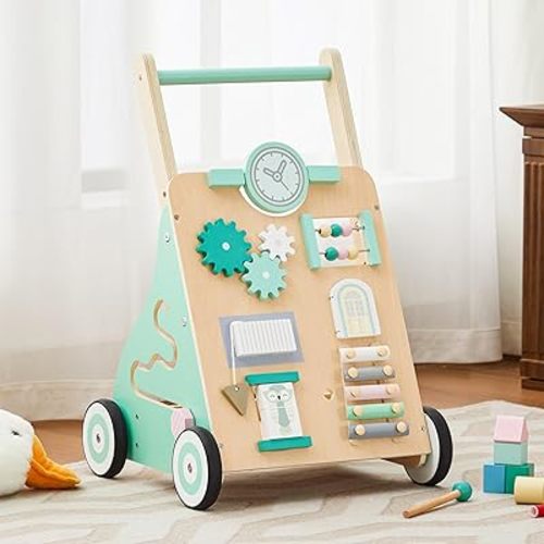 Wooden Baby Walker, Wood Push Walker Adjustable Height and Speed Multiple Learning Activity Walker Baby Walker with Wheels for Girls 6-12 Months, Green