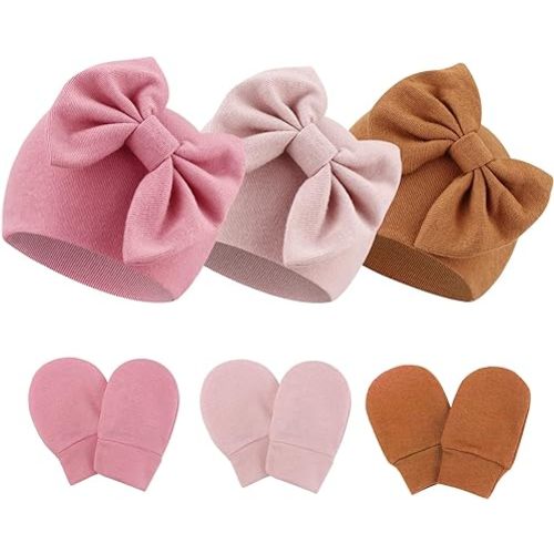 Newborn Baby Bow Hats and Mittens Hospital Hat Beanie Infant Caps Baby Cotton No Scratch Mittens Set for 0-6 Months