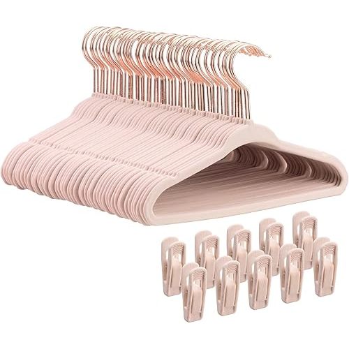 Baby Velvet Hangers 50 Pack - 11" Inch Premium Non Slip Kids Felt Hangers for Clothes - Ultra Thin Baby Felt Hangers for Toddler Kids' Closet with 10 Hanger Clips - Pink