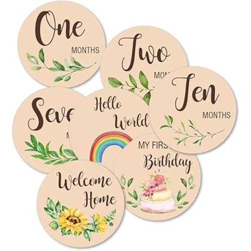 1 Set Wooden Monthly Milestone Cards Baby Announcement Cards Baby Monthly Milestone Discs Reversible Photo Props, Baby Growth and Pregnancy Growth Cards (Double sided 10pcs)