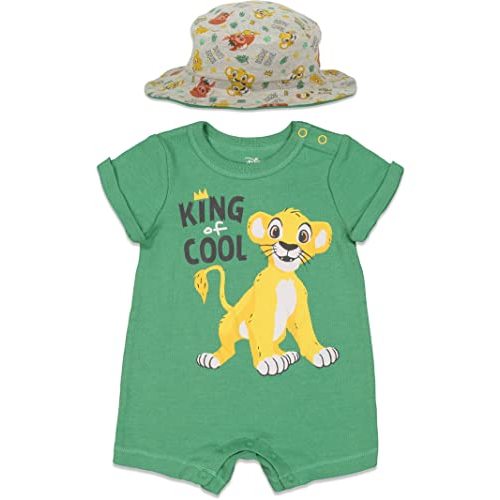 Disney Lion King Mickey Mouse Winnie the Pooh Jack Skellington Lilo & Stitch Baby Romper & Bucket Sun Hat Newborn to Infant