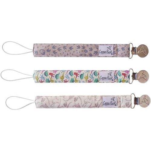 Copper Pearl Pacifier Clip 3-Pack: Premium Knit Binky Clips for Baby Girls and Boys - Stylish Stainless Steel Pacifier Holder Clip - Baby Pacifier Clips for No More Floor Drops - Jurassic Park