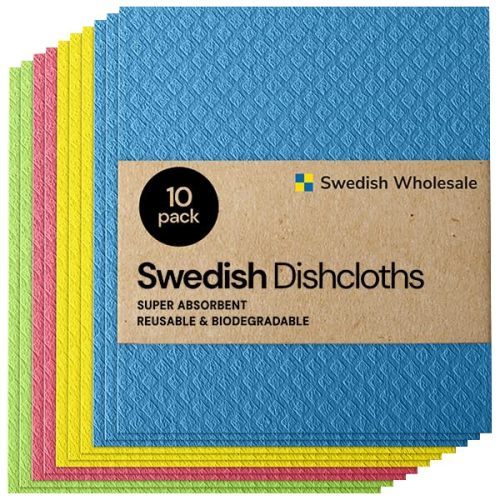 Swedish Wholesale Dishcloths, Cellulose Sponge Cloths – Bulk 10 Pack of Eco-Friendly, No Odor, Reusable Cleaning Cloths for Kitchen – Absorbent Dish Cloth Hand Towel – Assorted
