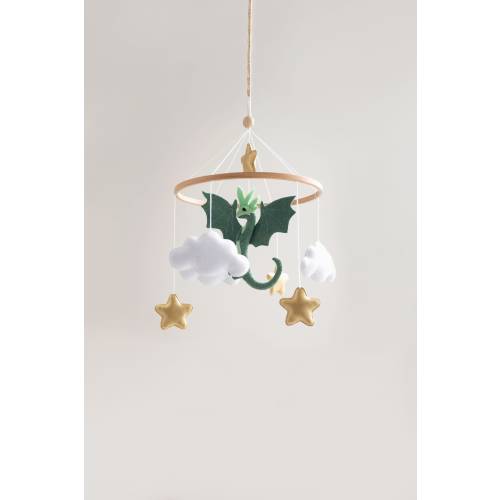 Dragon mobile nursery, clouds and gold stars baby mobile, fantasy nursery decor
