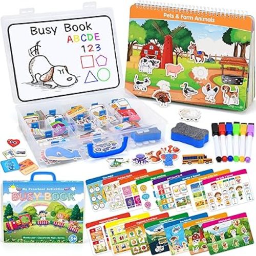 Busy Book for Toddlers, Montessori Toys for 3+ Year Old, Preschool Learning Activities Autism Sensory Toys Travel Toys Educational Toys Book with Classified Storage Box and Writing and Drawing Board