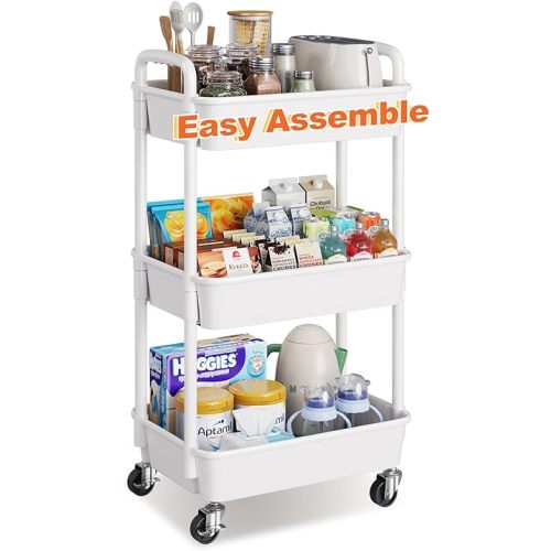 3 Tier Plastic Rolling Cart with Wheels, White Three Tiered Craft Cart Organizer on Lockable Wheels, Utility Roller Storage Carts for Art, Baby Diaper Caddy, Snack, Nail, Makeup, Book, Nursery