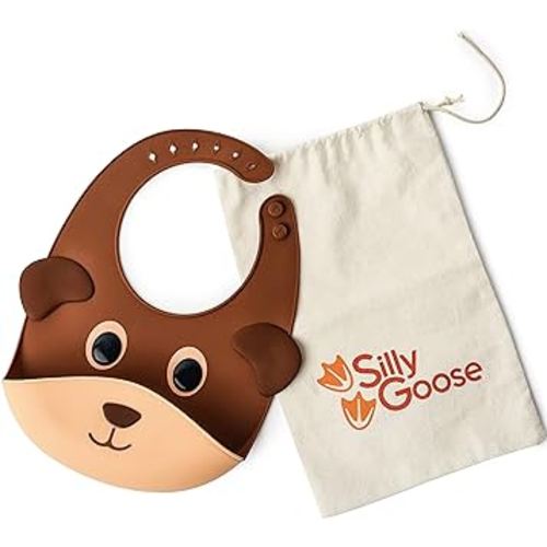 Silly Goose Silicone Animal Baby Bibs for Babies and Toddlers, Waterproof, Adjustable, Soft, Extra Wide Food Catcher Pocket (Baby Bear)