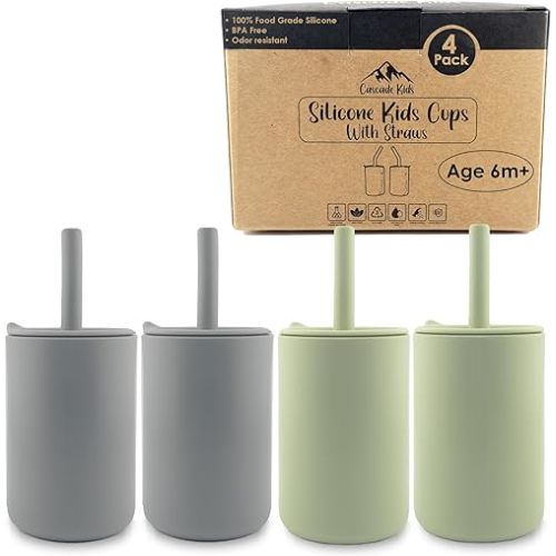 Silicone Kids Cups with Straws - Set of 4, Unbreakable Training Cup with Straw for Babies and Toddlers for less mess, BPA-Free Silicone Baby cup, 6+ Month, 6oz, (Sage Green/Stone Grey)