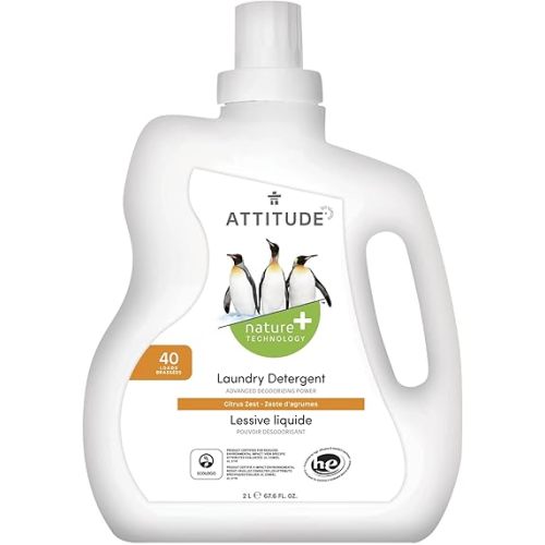 ATTITUDE Liquid Laundry Detergent, EWG Verified Laundry Soap, HE Compatible, Vegan and Plant Based Products, Cruelty-Free, Citrus Zest, 40 Loads, 67.6 Fl Oz