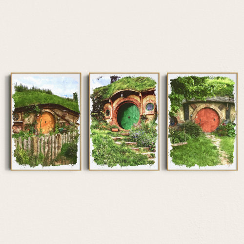 Lord Of The Rings Art | Set of 3 Hobbit Holes Printable Wall Art | Watercolor Style Digital Art of The Shire, LOTR | Digital Download