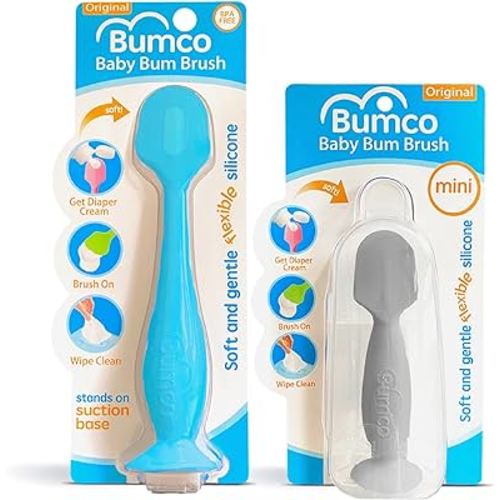 Bumco 2-Pack Diaper Cream Spatula - Full-Size + Mini Baby Bum Brush with Travel CASE - Diaper Cream Applicator for Baby - Baby Necessities - Suitable for Aquaphor, Desitin - Blue & Gray
