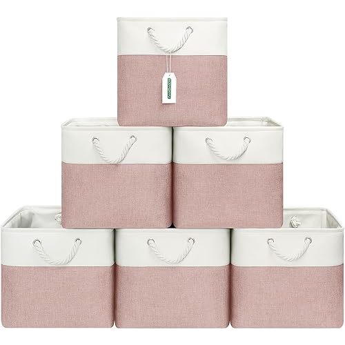 13x13 Inch Cube Storage Bins with Reinforced Bottom Cardboard, 6 Pack Large Foldable Fabric Storage Cubes with Handles for Shelf, Closet, Laundry Organization (White&Pink)