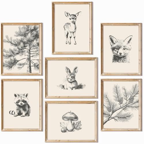 Nursery Wall Art Woodland Animal Canvas Wall Decor Baby Room Pictures Forest Animal Prints Kids Wall Art Pine Tree Poster Nature Vintage Artwork Deer Fox Painting for Bedroom 8x10x7 Inch Unframed