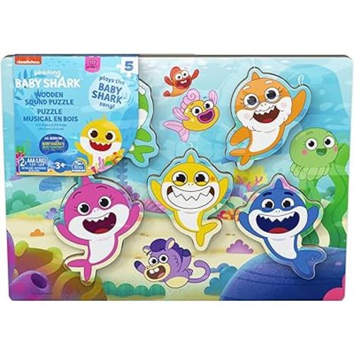 Spin Master Games, Pinkfong Baby Shark Chunky Musical Wooden Sound Puzzle, Plays Baby Shark Song, Kids Puzzle, Easy Activity Toy for Preschoolers, for Kids & Family, 5 Pieces, for Ages 3 & Up
