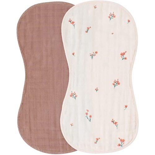 LifeTree Muslin Baby Burp Cloths - Ultra Soft Organic Cotton Large 22'' by 10'' Absorbent Milk Spit Up Rags - Burping Cloths for Newborn, Girls Boys (Floral/Solid) - 2 Pack