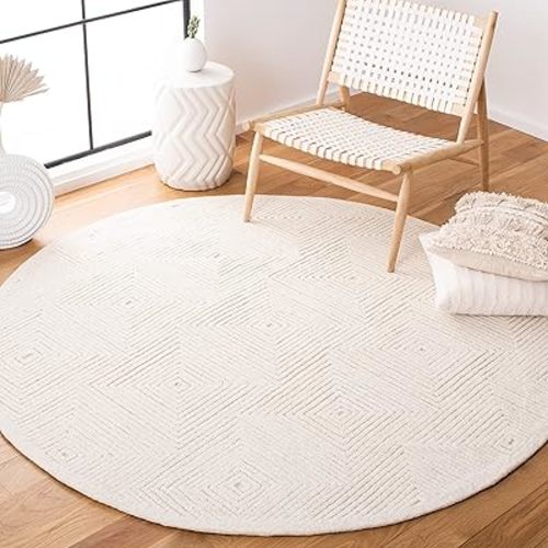SAFAVIEH Textural Collection Area Rug - 4' Round, Ivory, Handmade Wool, Ideal for High Traffic Areas in Living Room, Bedroom (TXT102A)