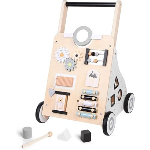 Asweets Wooden Baby Walker Push and Pull Learning Activity Walker Kids’ Activity Toy Multiple Activities Center Develops Motor Skills & Stimulates Creativity(Natural)