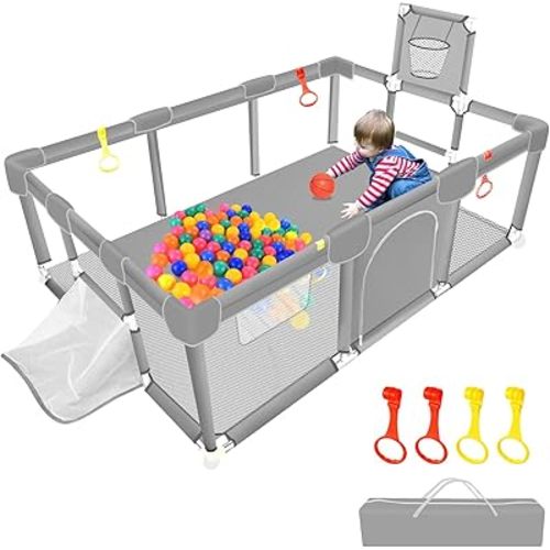 Large Playpen for Babies and Toddlers, Baby Ball Pit, Kids Play Pen, Sturdy Play Yard with Basketball Hoop, Children's Fence Play Area, Indoor Outdoor Kids Activity Center, Infant Safety Gates (Grey)