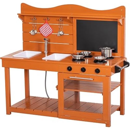 Kitchen Playset for Kids, Outdoor Wooden Mud Kitchen Set w/2 Removable Sinks & Spray Pipe, Backyard Garden Toddler Pretend Play Kitchen w/Blackboard, Kitchenware, Stove, Gift for Boys Girls