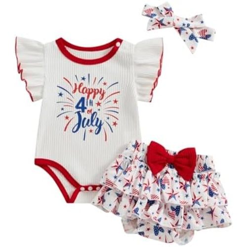 Infant Baby Girl 4th of July Outfit Short Sleeve Romper + Ruffle Shorts Set Cute Fourth of July Clothes