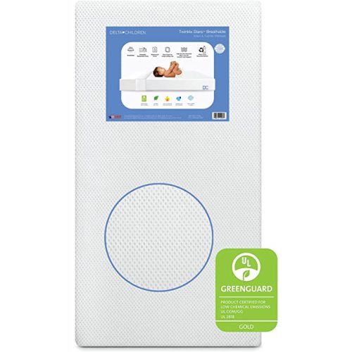 Delta Children Twinkle Stars Breathable Baby Bed Crib Mattress and Toddler with Removable/Machine Washable Cover - GREENGUARD Gold – Waterproof Sustainably Sourced Core Fiber Core, White