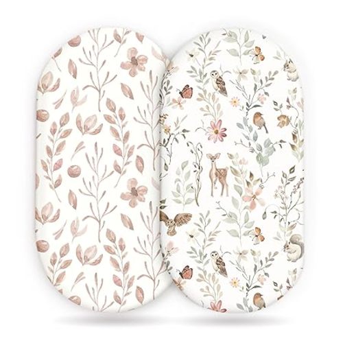 Stretchy Ultra Soft Fitted Bassinet Sheet Set 2 Pack, Universal Fit for Bassinets Baby Cradle Moses Basket Oval Rectangle Mattress Safe and Snug, Beautiful Blush Pink Floral and Cute Animals Print