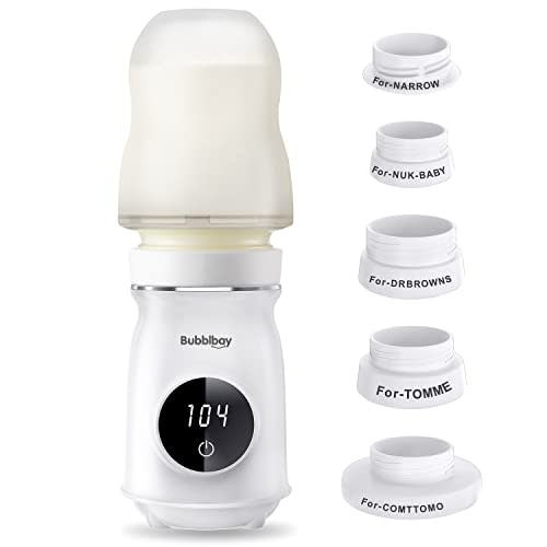 Bubblbay Portable Bottle Warmer, 4 Min Fast Heating, 104° Digital Thermostat Travel Bottle Warmer with 5 Adapters Leak-Proof Design,Wireless LED Display Bottle Warmer for Breastmilk or Formula