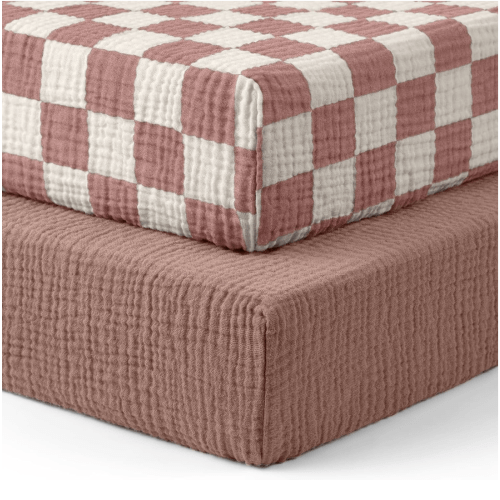 Blissful Diary Muslin Crib Sheets for Girl Boy, Boho Neutral Soft Cotton Baby Sheet for 52''x28'' Standard Crib Mattress, 2 Pack(Dusty Pink Checkboard & Dusty Pink)