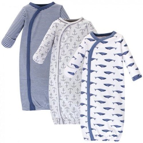 Touched by Nature Baby Boy Organic Cotton Side-Closure Snap Long-Sleeve Gowns 3pk, Blue Whale, 0-6 Months