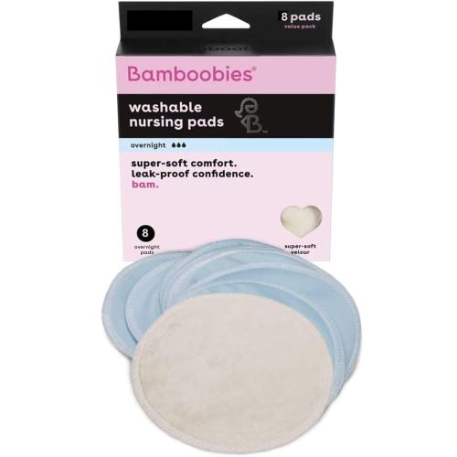 Bamboobies Overnight Nursing Pads, Ultra-Soft Velour, Reusable and Washable for Nightly Use, Leak-Proof Pads for Breastfeeding, 8 Pads