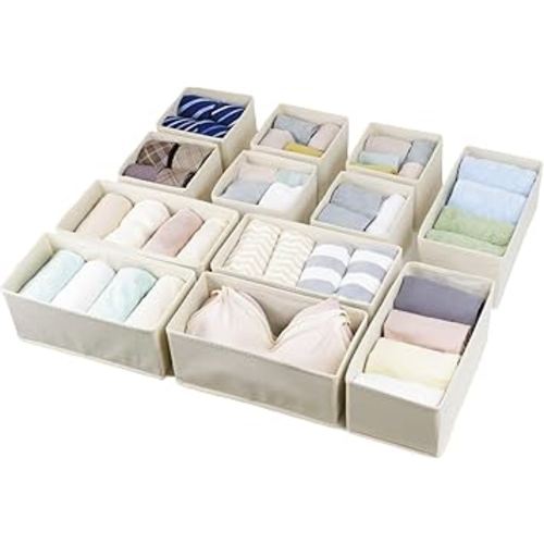 Drawer Organizer Clothes, Foldable Fabric Dresser Organizer Closet Organizers and Storage Box for Underwear,Folded Clothes,Baby Clothing,Socks,Bra,Towels,Ties(6M+6S,Beige)