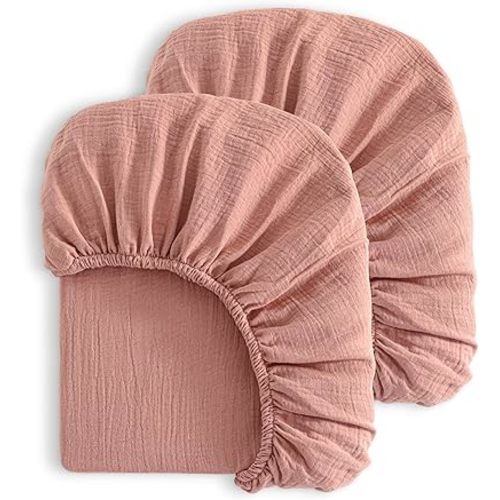 NTBAY 2 Pack Muslin Cotton Mini Crib Sheets, Soft and Breathable Double Layer 24x38 Baby Crib Sheets for Mini Crib and Toddler Mattresses, Boys, Girls, Unisex, Blush Pink, 24x38 Inches