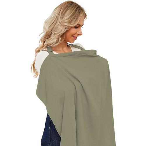 PPOGOO Muslin Nursing Cover for Baby Breastfeeding, Breathable Privacy Nursing Covers for Mom 100% Cotton Breastfeeding Cover with Rigid Hoop for Mother Nursing Apron (AGreen)