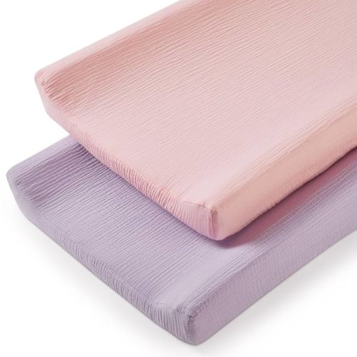 TILLYOU Muslin Changing Pad Cover for Girls Boys, Soft and Breathable Baby Diaper Changing Pad Cover, 2 Pack Light Purple&Light Pink