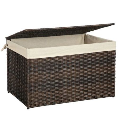 SONGMICS Storage Basket with Lid, 42.3 Gallon (160L) Storage Bin, Woven Blanket Storage Basket with Handles, Foldable, Removable Liner Brown