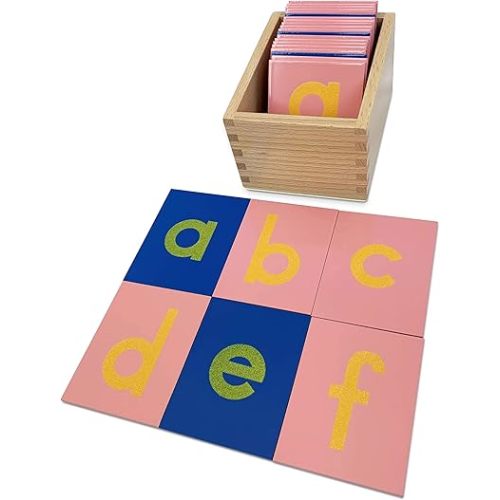 Montessori Sandpaper Letters | Lowercase | PP Wood Tiles | Vowel Consonant Color Coded | Includes Storage Box