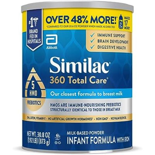 Similac 360 Total Care Infant Formula, Has 5 HMO Prebiotics, Our Closest Prebiotic Blend to Breast Milk, Non-GMO,‡ Baby Formula Powder, 30.8-oz Value Can