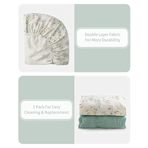 Muslin Changing Pad Cover for Baby Girls Boys, Cotton Natural Comfort Diaper Change Table Pad Covers, Ultra Soft Breathable Boho Changing Pad Sheets, 2Pack (Roman Green&Botanical Leaf)
