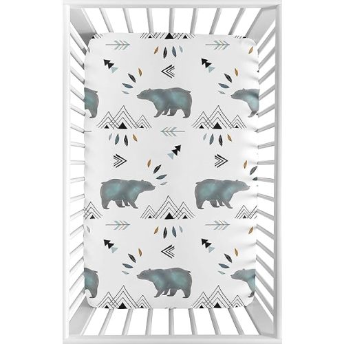 Sweet Jojo Designs Blue White Watercolor Baby Boy Fitted Mini Portable Crib Sheet Bear Mountain Collection - for Mini Crib or Pack and Play ONLY