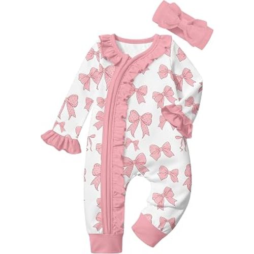 Von kilizo Baby Girl Clothes Infant Newborn Onesie Clothes for Baby Girls Long Sleeve Zip Closure Outfit with Headband