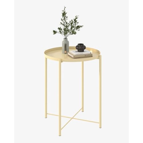 Round Small Side Table, Metal End Table with Removable Tray for Indoor Outdoor, Modern Style Sofa Side Table, Accent Table for Living Room, Bedroom, Balcony, Office (A-Yellow)