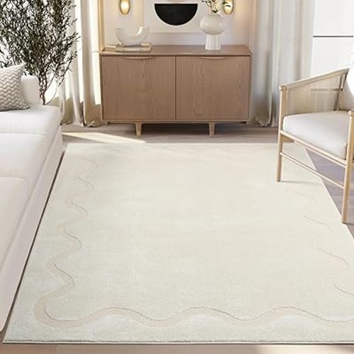 Abani Cozy 5' x 8' Beige Area Rug for Living Room, Bedroom - Wavy Border - Durable & Easy to Clean