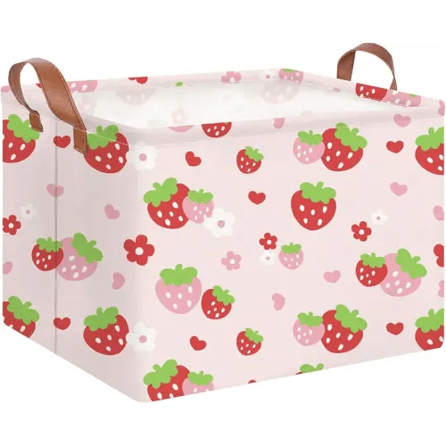 Rectangle Storage Basket with Handles,Collapsible Kids Toys Bin,Books Box,Gift Basket(Strawberry)