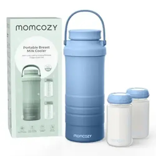 Momcozy 22oz Portable Breast Milk Cooler for Outdoor, Life Saver with 360° Total Cooling for 24 Hours, Larger Capacity Travel Breastmilk Chiller with 2pcs Baby Bottles for Breastmilk Storage, Blue