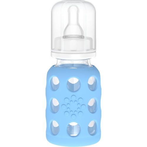 Lifefactory 4-Oz Glass Baby Bottle with Protective Silicone Sleeve and Stage 1 Nipple Sky Blue