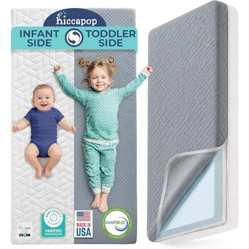 Hiccapop Baby Crib Mattress, Waterproof, Dual Sided Foam Baby Mattress, Firm Side for Babies, Soft Memory Foam Side for Toddlers, Made in USA