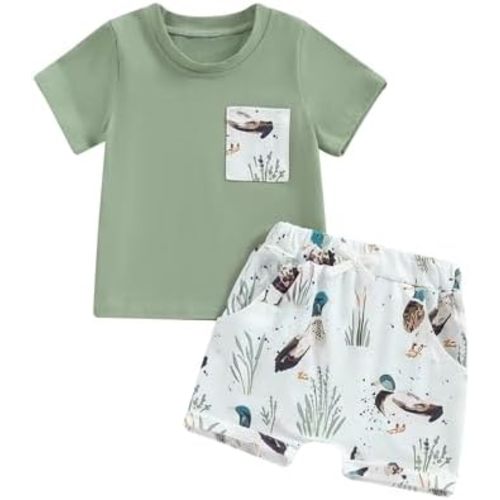 Toddler Baby Boys Duck Shorts Sets Mallard Duck Print Short Sleeve T Shirts and Shorts Suit 2 Pcs Summer Outfits