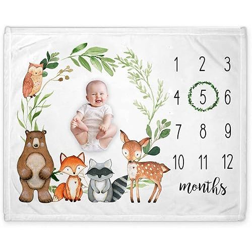 Yuzioey Baby Monthly Milestone Blanket Woodland, Forest Animals Baby Photo Blanket, Gift for New Moms Baby Shower, Watch Me Grow Baby Boy Greenery Woodland Nursery Décor, Includes Marker (50"x40")