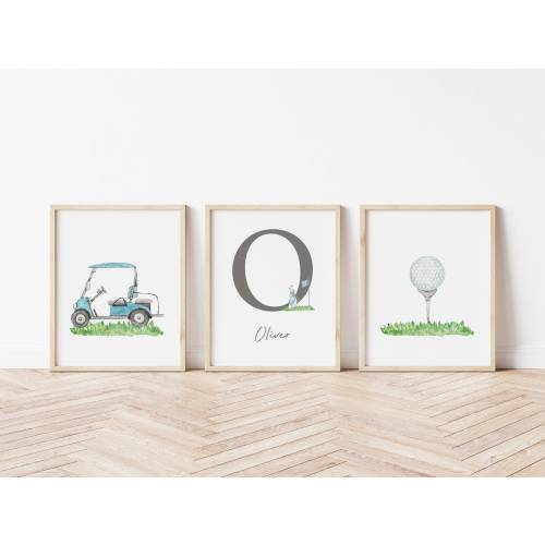 Personalized Boy Golf Nursery PRINTED art prints blue golf theme nursery art Printed Watercolor golf theme print Set of 3 GP02-A3