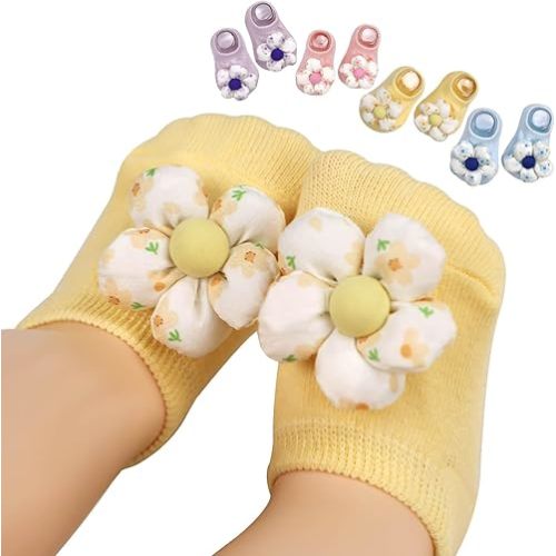 4Packs Baby Girls Socks,Flower Non-Slip Grips for Babies Toddler Princess Low Cut Ankle Socks for Girls